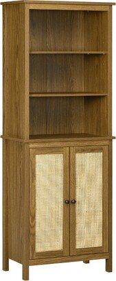 HOMCOM Rustic Bookshelf with Cabinet & Rattan, Tall Bookshelf Library, Wooden Bookcase with Doors and Shelves, Study Living Room Home Office, Walnut