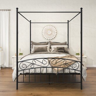 GEROJO Metal Canopy Bed Frame with Ornate European Style Headboard & Footboard, No Box Spring Needed