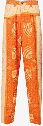 Karu Research Mens Salmon Pink Red Rangoli Hand-quilted Straight-leg Regular-fit Cotton Trousers