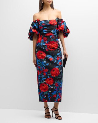 Floral Print Midi Dress with Puff Sleeves