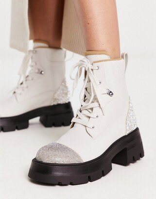 Lark rhinestone combat boots in off white