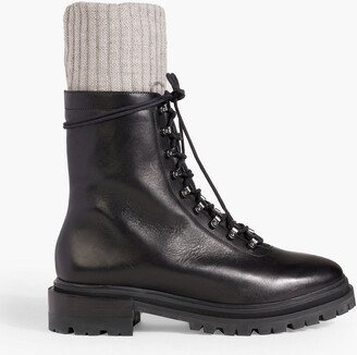 Ribbed-knit trimmed leather combat boots