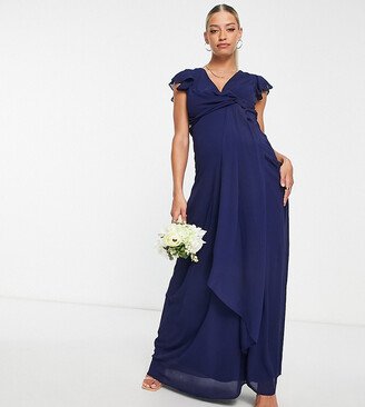 TFNC Maternity Bridesmaid flutter sleeve ruffle detail maxi dress in navy