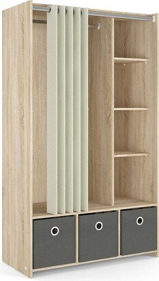 Lola 3 Bin Wardrobe with Curtain - Oak Structure, Natural Fabric, Gray Text