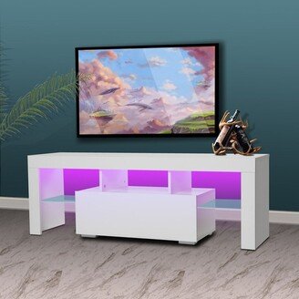 Tiramisubest White morden TV Stand with LED Lights,high glossy front TV Cabinet