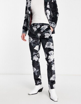 lincoln skinny suit pants in black with gray floral print