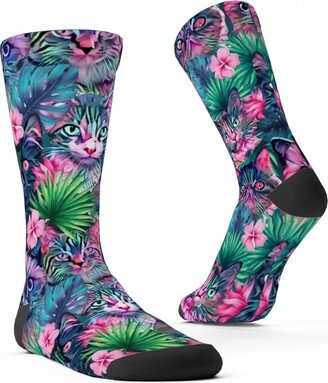 Socks: Summer Floral Cats - Multi Custom Socks, Multicolor