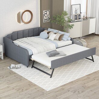 Full Size Grey Upholstered Daybed with Adjustable Trundle and USB Port