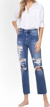 Distressed High Rise Ankle Relaxed Straight Jean In Medium Wash