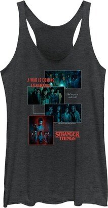 Women's Stranger Things Scenes Collage War Is Coming To Hawkins Racerback Tank Top - Black Heather - 2X Large