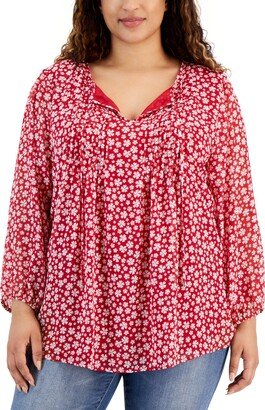 Plus Size Printed Pintuck Tie-Neck Blouse