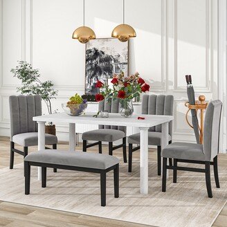 EDWINRAYLLC Dining Table Set 6-Piece with Cylindrical Legs and Marble Veneer Fillet Table, 4 Flannelette Upholstered Dining Chairs and Bench