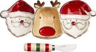 Mud Pie, Multi, Christmas Santa and Reindeer Triple Dip Serving Set, dish 5 x 11 | spreader 5 1/2