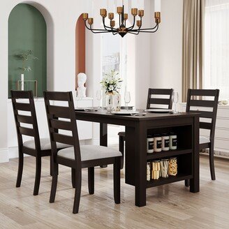 Sunmory Farmhouse Wood 5-Piece Dining Table Set with 2-Tier Storage Shelves,Kitchen Set for 4 with Padded Dining Chairs