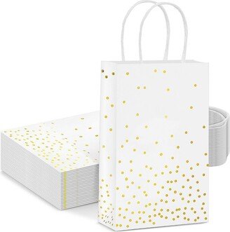 Sparkle and Bash 25 Pack White and Gold Foil Polka Dots Gift Bags with Handles, 5x3x9 Inch