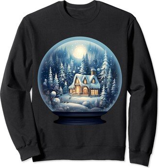 full moon snowing Christmas watercolor painting cute winter pine forest warm little home failing snow globe Sweatshirt