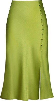 Modegal Women's Satin Slit Button Front Elastic High Waist A Line Bodycon Casual Midi Skirt Apple Green