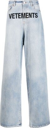 Blue Logo-Embroidered Wide-Leg Jeans