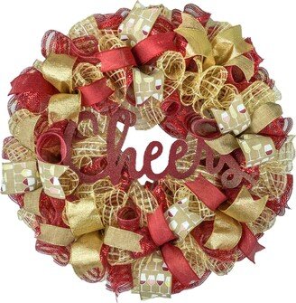 Cheers Wine Gold Burgundy Wreath, Traditional Maroon Mesh Door Decor, Best Friend Gift, And