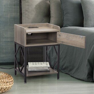 RASOO Rustic Gray Wood Nightstand Set with Charging Station, USB Ports, and Cabinet - 2PCS - Convenient and Stylish