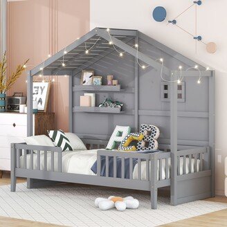 GREATPLANINC Twin Size House Bed with Shelves & Sparkling Light Strip On the Roof, Wood Platform Bed Frame with Security Fence for Girls Boys