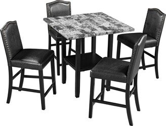 IGEMAN 5-Piece Faux Marble Storage Dining Table Set with 4 Upholstered Chairs for Country House City Apartment Dining Room