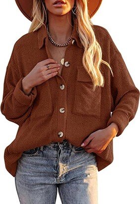 DOOLECK Women Casual Drawstring Pullover Sweatshirts 2023 Solid Color Waffle Long Sleeve Hoodies With Pockets B-brown