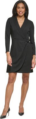 Women's Shawl-Collar Long-Sleeve Faux-Wrap Dress