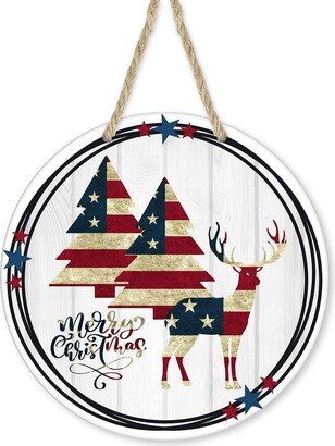 Patriotic Deer & Trees Merry Christmas Round Printed Handmade Wood Sign