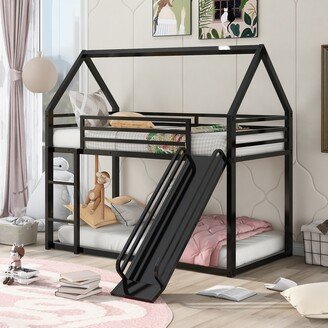 IGEMAN Twin Over Twin House Bunk Bed with Convertible Ladder and Slide, Low Metal Bedfram with Guardrail for Kids, No Need Spring Box