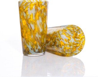 Pint Glass - Blue & Amber Hand Blown Beer Tumbler Water Artisan Glass, Glassware