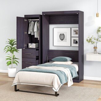 IGEMAN Twin Size Murphy Bed with Wardrobe and Drawers, Storage Bed, can be Folded into a Cabinet, Gray