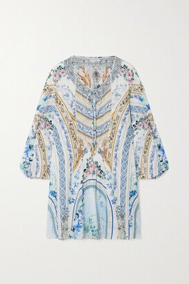 Embellished Printed Silk-crepe Kaftan - Blue