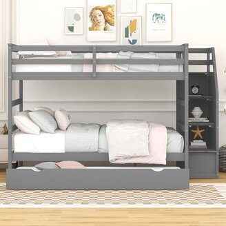 NINEDIN Full Over Full Bunk Bed w/Trundle&Storage, Safety Guardrail, Gray