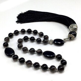 Albatrosart Silver Obsidian Stone Pocket Mala Prayer Beads Tibetan Meditation Yoga 8mm Diameter-27 Beads