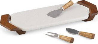 Chevron Acacia Wood & Marble Cheese Board & Knife Set, Marble Charcuterie Board with Stainless Steel Cheese Cutter, Slicer, and Knife