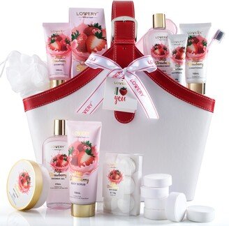Lovery Home Spa Kit Gift Set - Strawberry Milk Scented Bath Set - 25Pcs - in a Leather Tote Bag