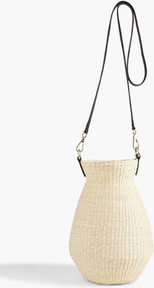 Leather-trimmed straw bucket bag