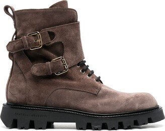 Suede Buckle-Strap Lace-Up Boots