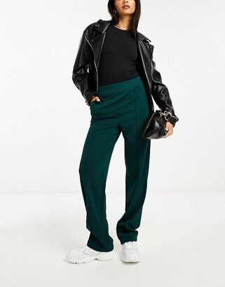 stretch wide leg pants with pintuck front in dark green