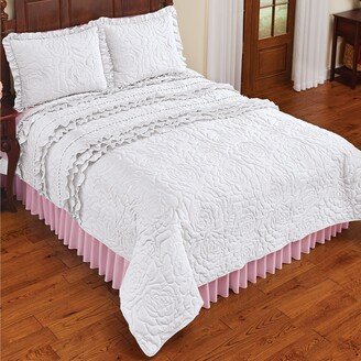 Collections Etc Embroidered Roses & Ruffles with Pom Pom Trim Quilt