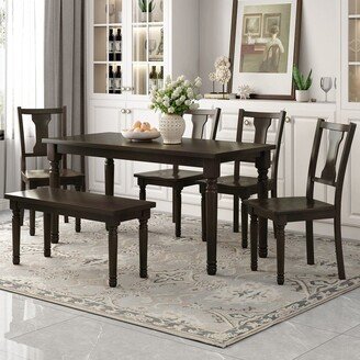 NOVABASA 6 Piece Classic Wooden Dining Table With 4 Chairs And Kitchen Bench, Family Furniture