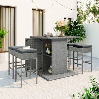 IGEMAN Patio 5-Piece Rattan Dining Table Set, Pe Wicker Square Kitchen Table Set with Storage Shelf and 4 Padded Stools For Poolside