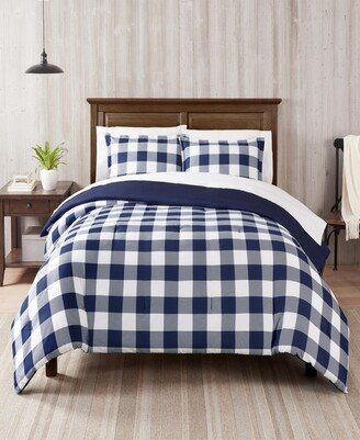 Simply Clean Alex Buffalo Check Plaid Microbial-Resistant 7-Piece Complete Bedding Set, Full - Navy, White-AA