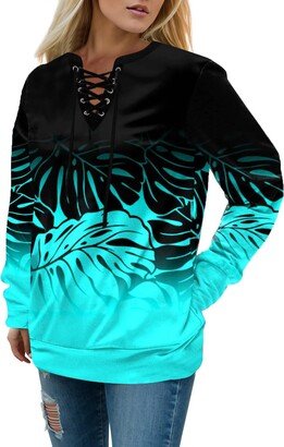 Generic Womens Pullover Sweatshirts Matching Drawstring New Fabric Women's Patchwork Plaid Hooded Jacquard Long Sleeve Tunic Tops Sky Blue