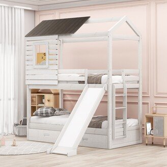 GREATPLANINC Modern Twin Over Twin Bunk House-shaped Bed with Two Storage Drawers and Slide, House-Shaped Wood Bunk Bed