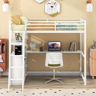 IGEMAN 77 Twin Size Metal&Wood Loft Bed with Desk and Built-in Cabinet