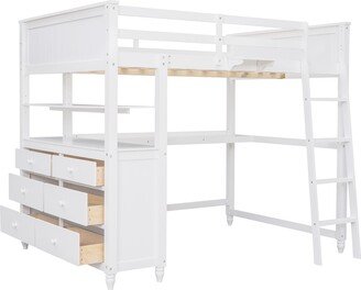 IGEMAN White Full Size Wooden Loft Bed with 6 Drawers, Desk and Shelves, 80.6''L*58.6''W*69.4''H, 225LBS