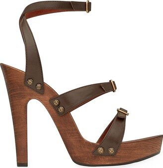 Joan Platform Sandals in Smooth Leather and Wood