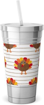 Travel Mugs: Cute Thanksgiving Turkey - On Khaki Stripes Stainless Tumbler With Straw, 18Oz, Orange